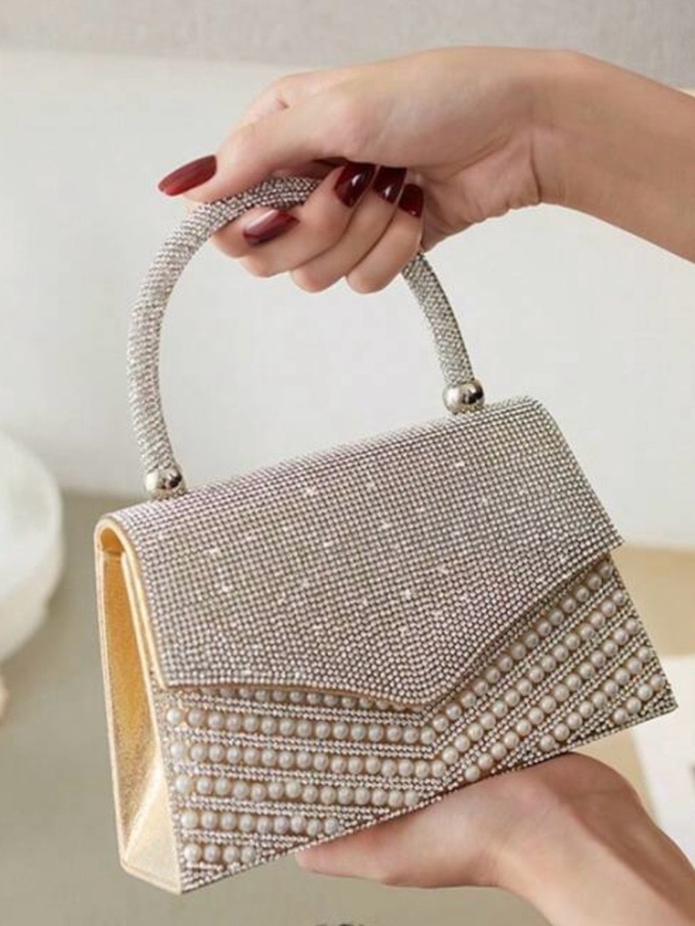 Elegant Pearl & Crystal Evening Bag - Gold